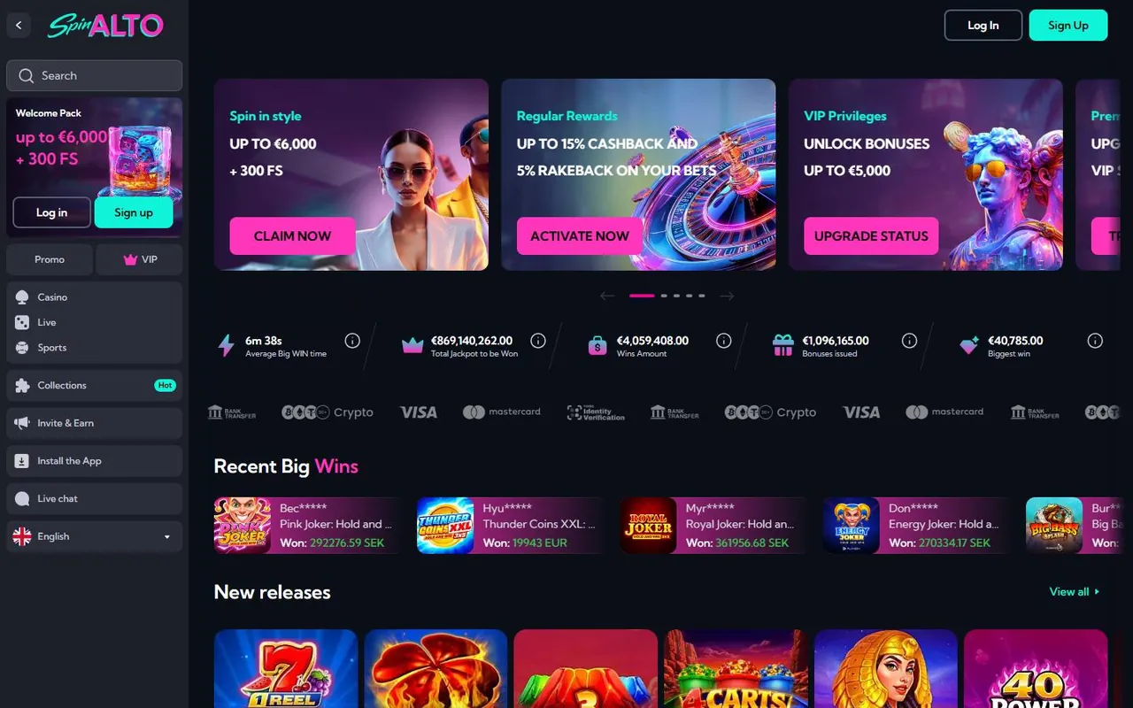 Startseite von Spinalto Casino