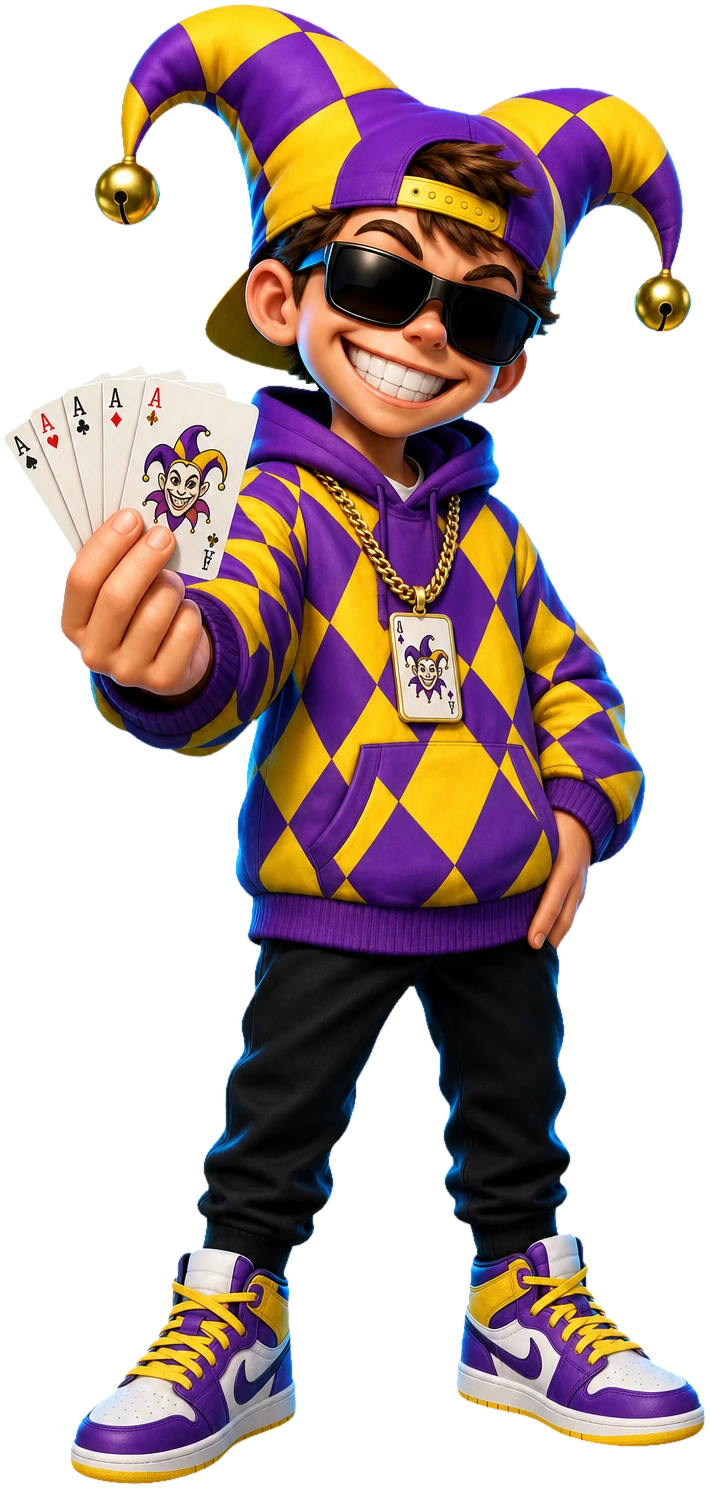 Der Joker von JOKERSLOTS mit einem Fächer aus Spielkarten